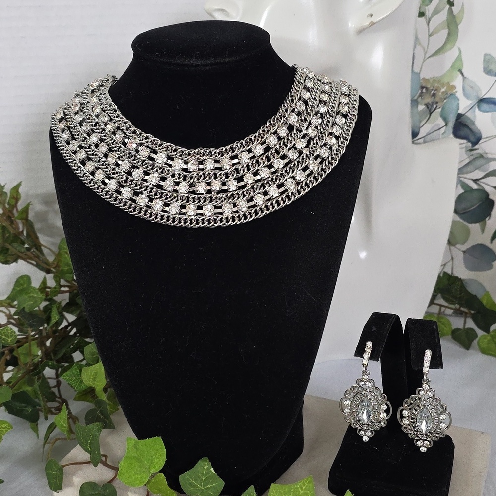 Statement Silver with Rhinestone Collar Choker Necklace and Earrings Set